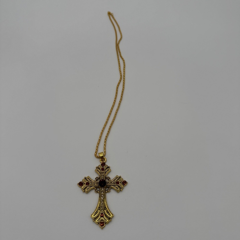 VTG Extra Large Gold Tone Multicolor Jeweled Cross Rhinestone with Chain